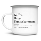 Emaille-Tasse Kaffee. Berge. Runterkommen. mit silbernem Rand – Vorderseite