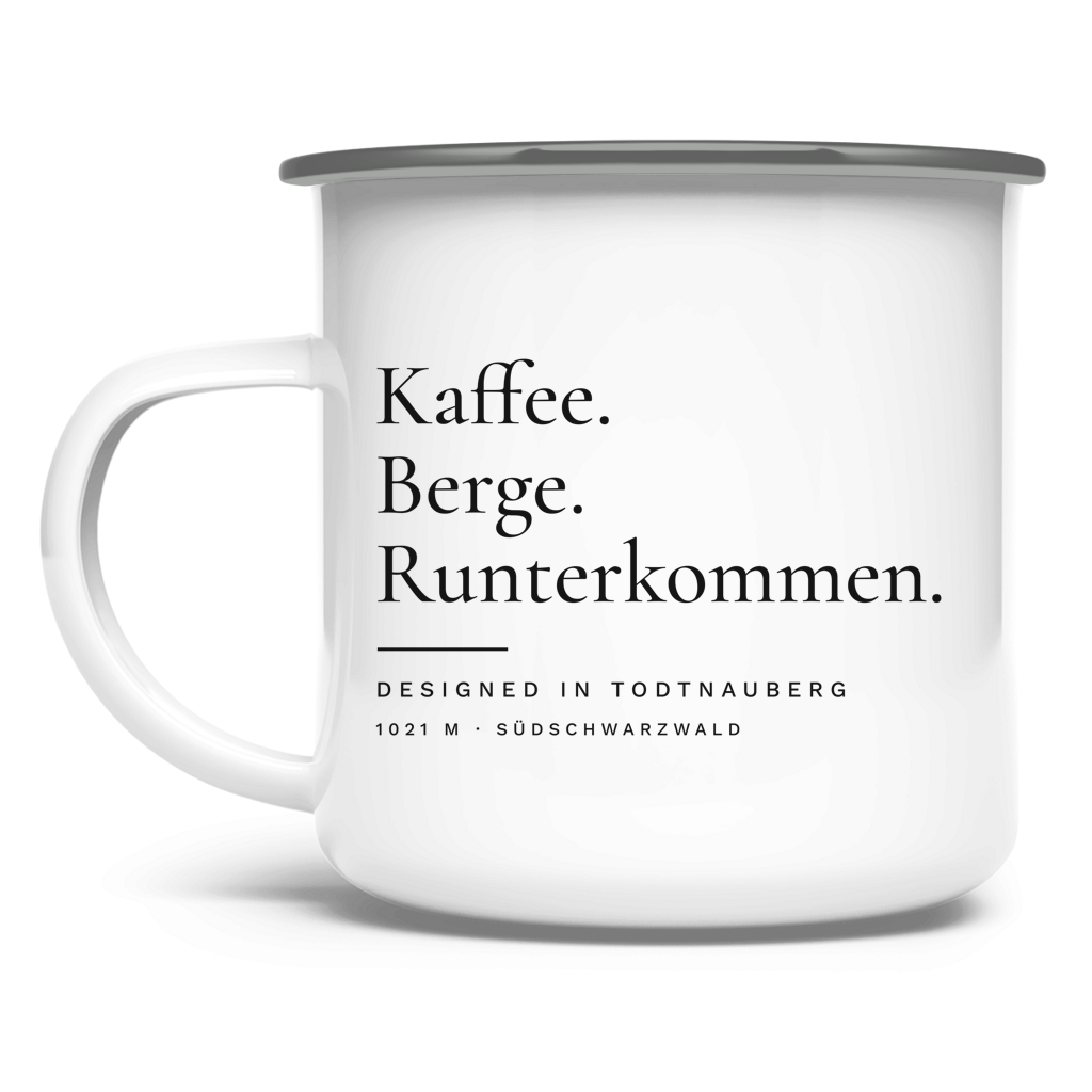 Emaille-Tasse Kaffee. Berge. Runterkommen. mit silbernem Rand – Vorderseite
