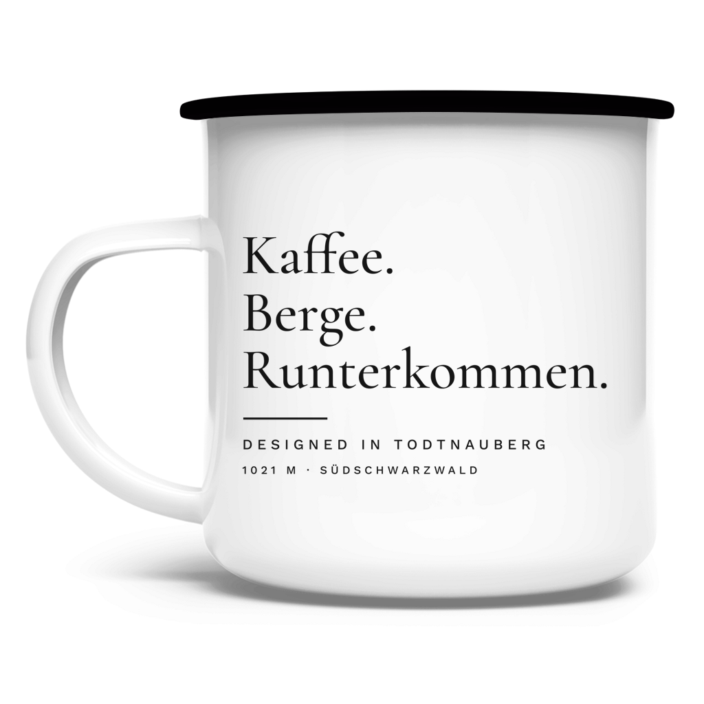 Emaille-Tasse Kaffee. Berge. Runterkommen. mit schwarzem Rand – Vorderseite