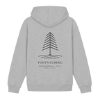 Hoodie Höhenlage in Heather Grey – Rückseite mit Tannen-Motiv
