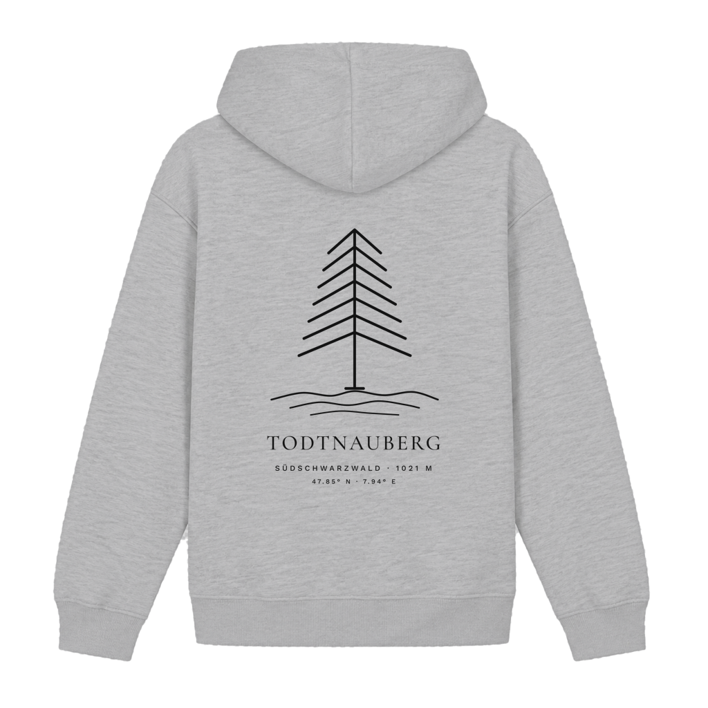 Hoodie Höhenlage in Heather Grey – Rückseite mit Tannen-Motiv