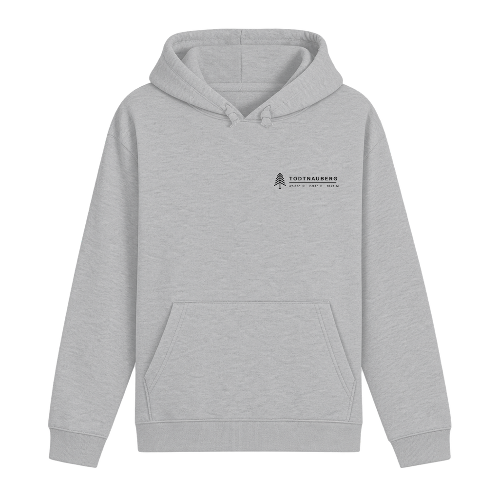Hoodie Höhenlage in Heather Grey – Vorderseite mit Todtnauberg-Koordinaten