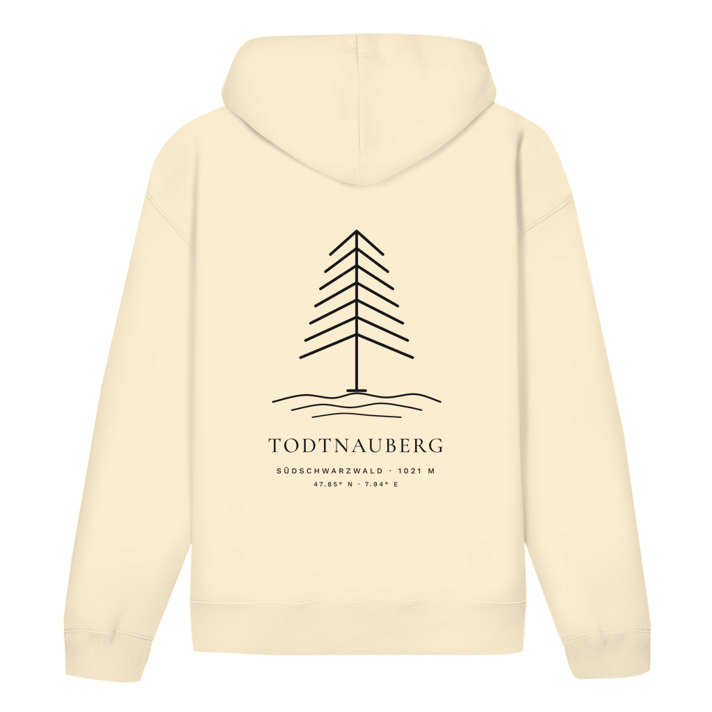 Hoodie Höhenlage in Natural Raw – Rückseite mit Tannen-Motiv
