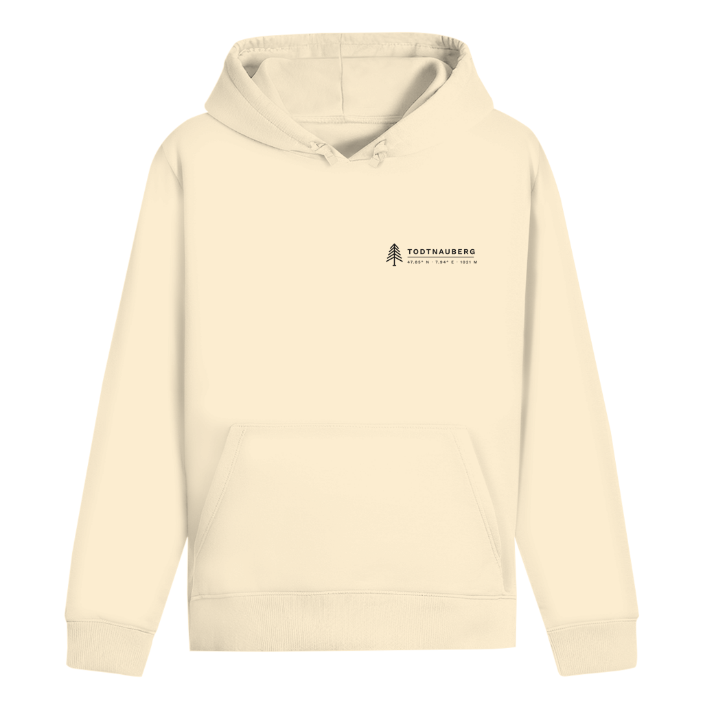 Hoodie Höhenlage in Natural Raw – Vorderseite mit Todtnauberg-Koordinaten