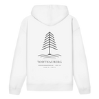 Hoodie Höhenlage in White – Rückseite mit Tannen-Motiv