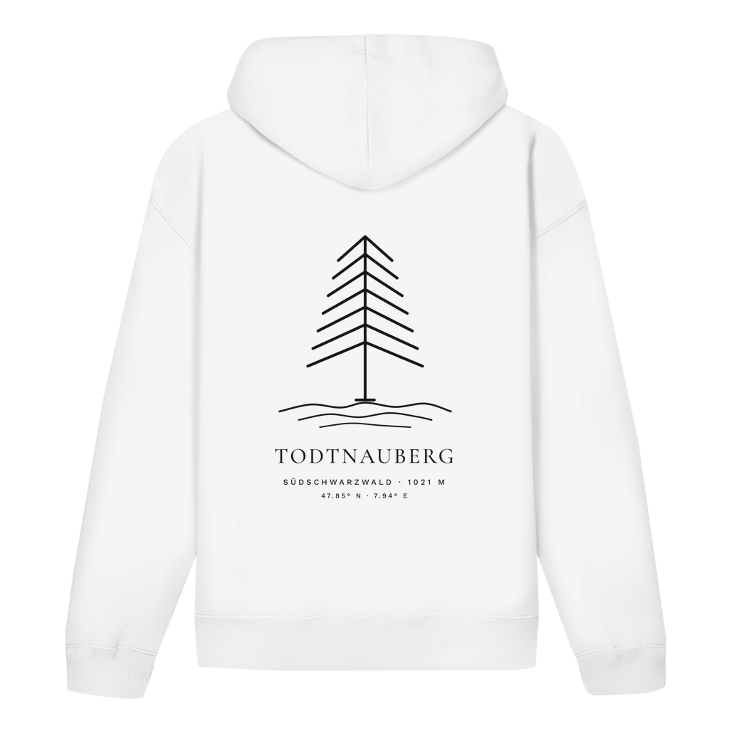 Hoodie Höhenlage in White – Rückseite mit Tannen-Motiv