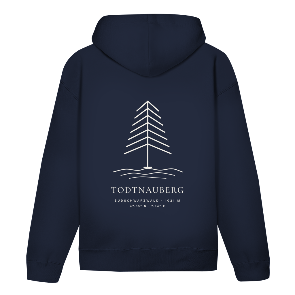 Hoodie Höhenlage in French Navy – Rückseite mit Tannen-Motiv