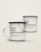Emaille-Tassen Kaffee. Berge. Runterkommen. mit schwarzem und silbernem Rand